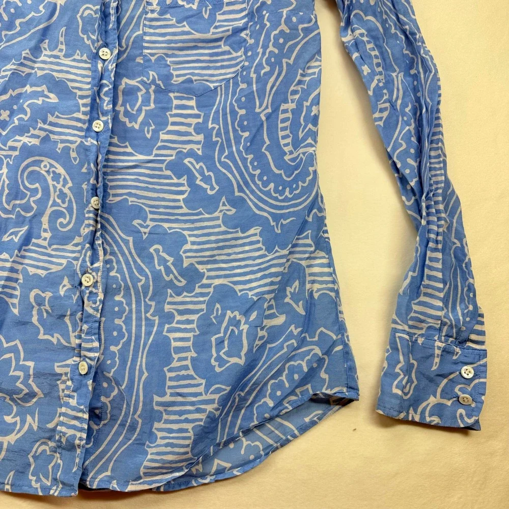J. Crew‎ Womens Blue White Paisley Cotton Silk Button Down Shirt Size 000